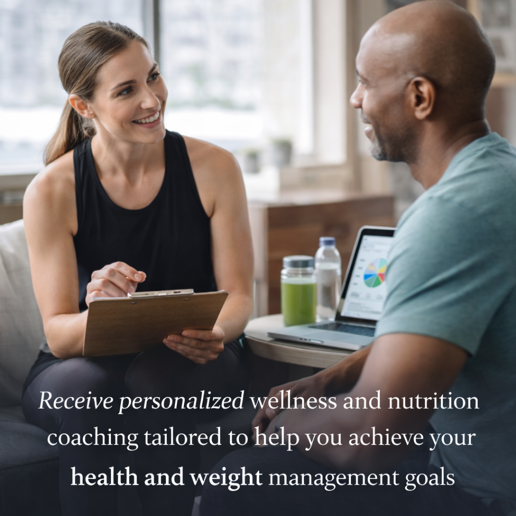 Wellness coach meeting one-on-one with a client to provide personalized health, nutrition, and weight management coaching in a supportive setting.