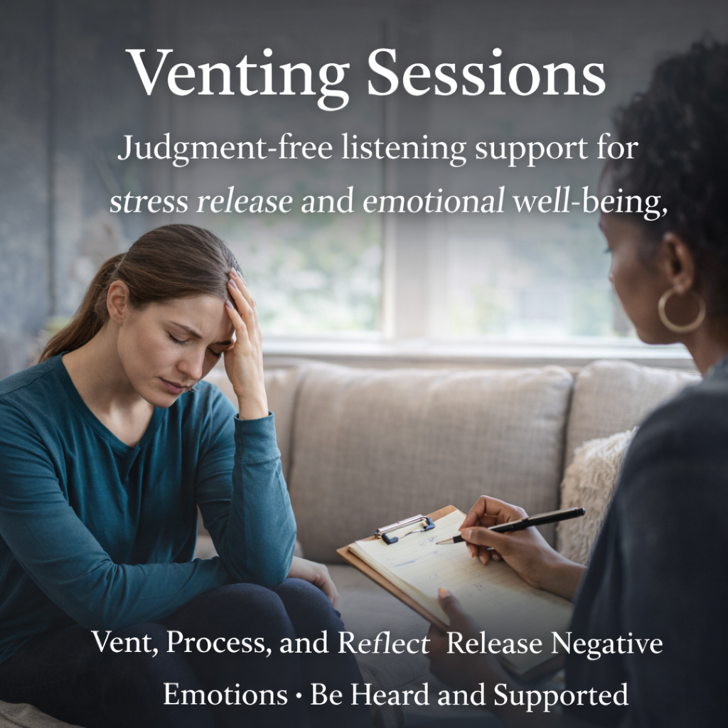 Individual participating in a venting session with a supportive listener to release stress, process emotions, and support emotional well-being.